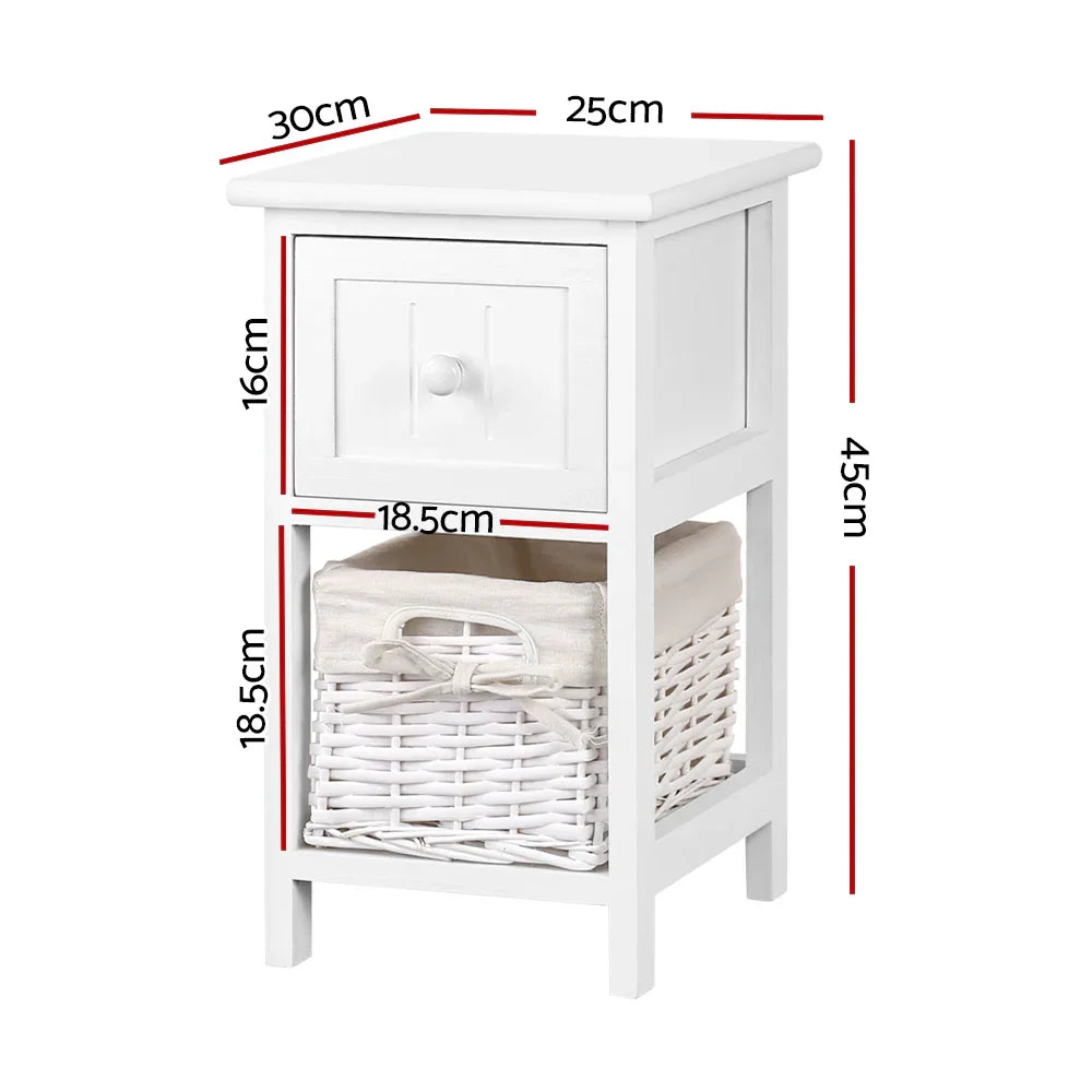 White bedside cabinet with drawer and wicker basket, dimensions labeled in centimeters