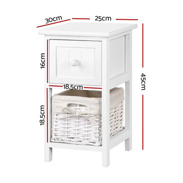 White bedside cabinet with drawer and wicker basket, dimensions labeled in centimeters