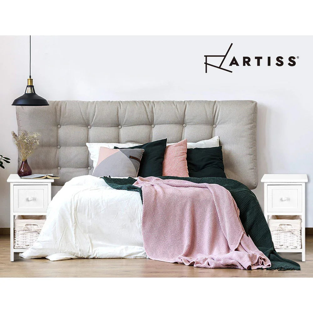 Modern bedroom with Artiss white bedside tables, tufted headboard, and stylish bedding