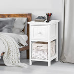 White bedside table with drawer and wicker basket in modern bedroom decor.