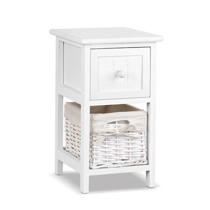 White wooden nightstand with a drawer and a wicker basket storage shelf