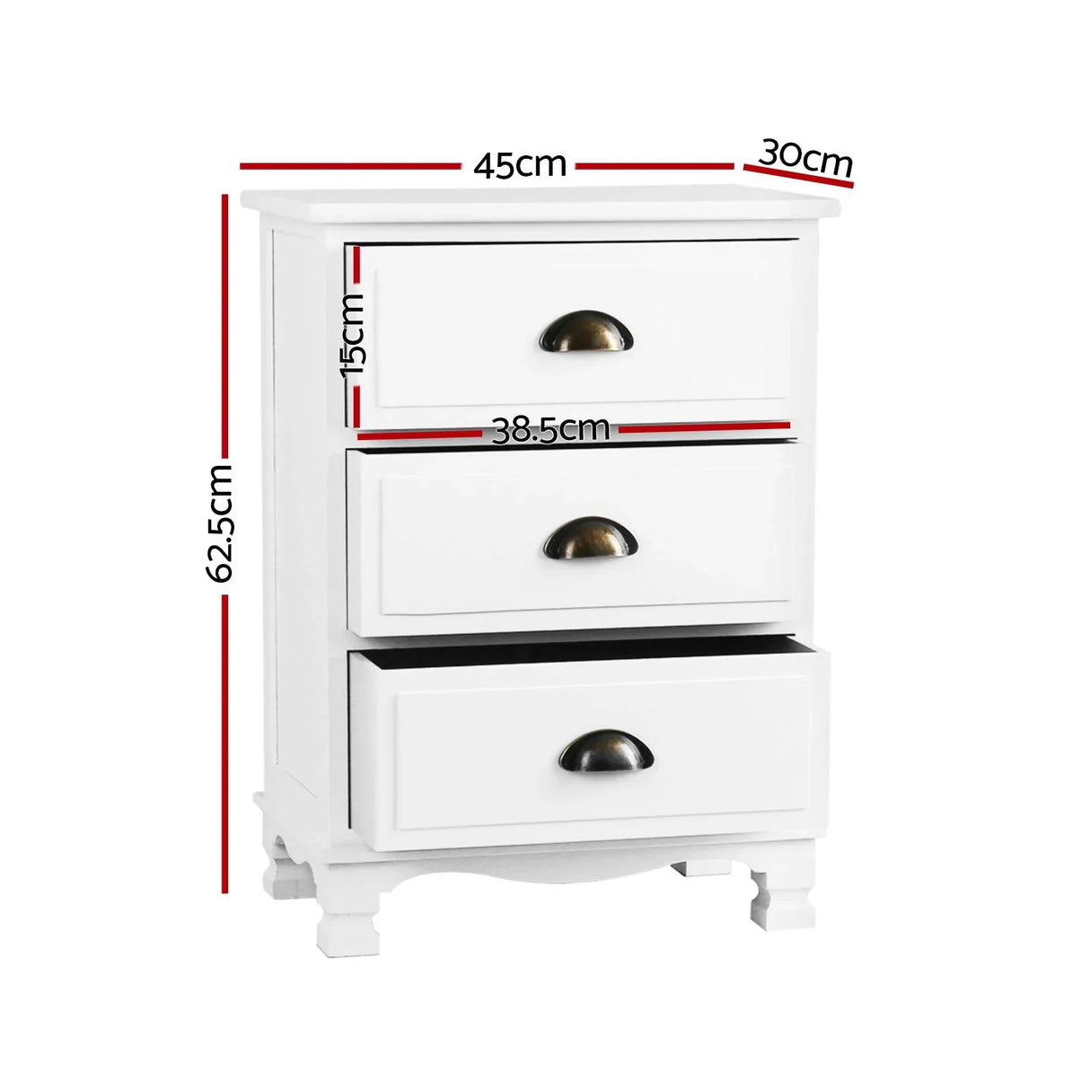 White three-drawer nightstand with brass handles, measurement dimensions labeled in cm.