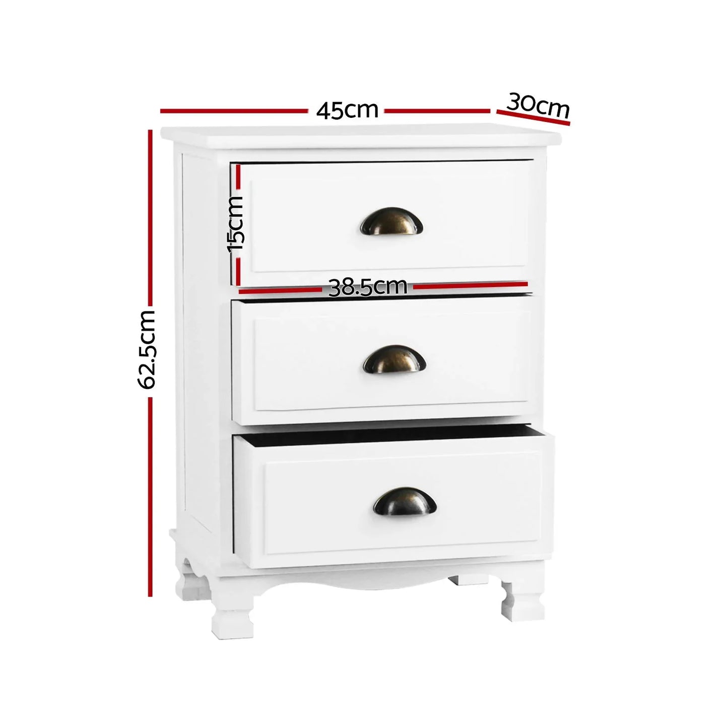 White three-drawer nightstand with brass handles, measurement dimensions labeled in cm.