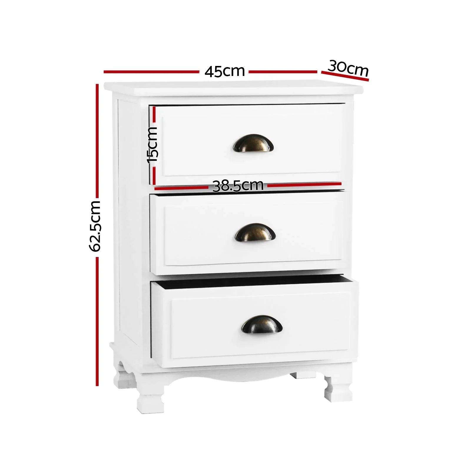 White three-drawer nightstand with brass handles, measurement dimensions labeled in cm.