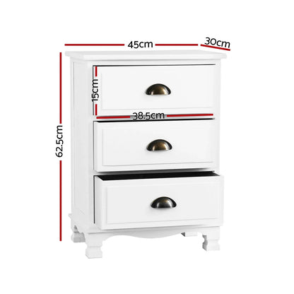 White three-drawer nightstand with brass handles, measurement dimensions labeled in cm.