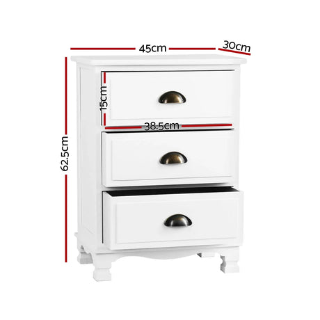 White three-drawer nightstand with brass handles, measurement dimensions labeled in cm.