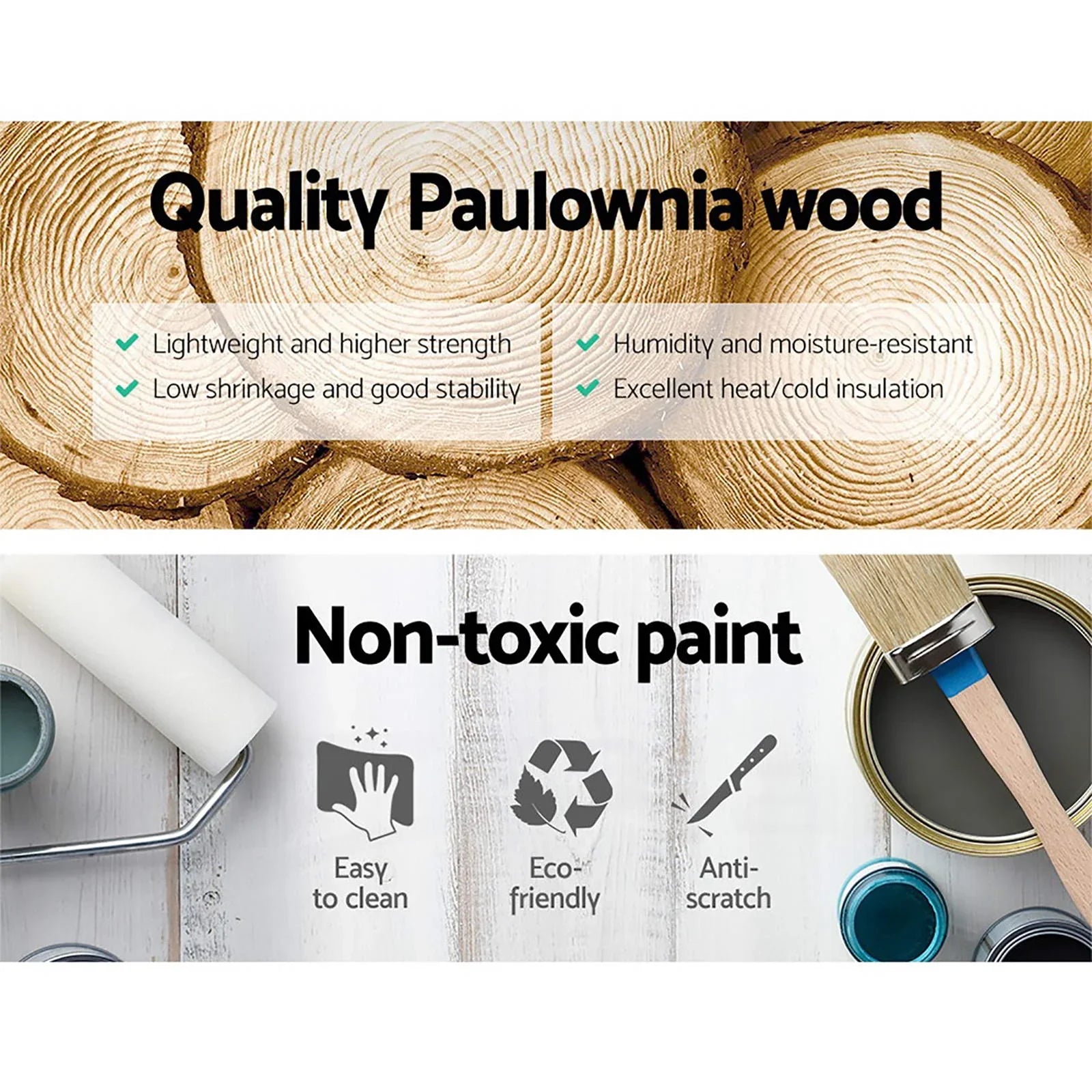 Quality Paulownia wood benefits and non-toxic paint features with brushes and wood background