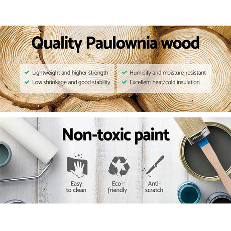 Quality Paulownia wood benefits and non-toxic paint features with brushes and wood background