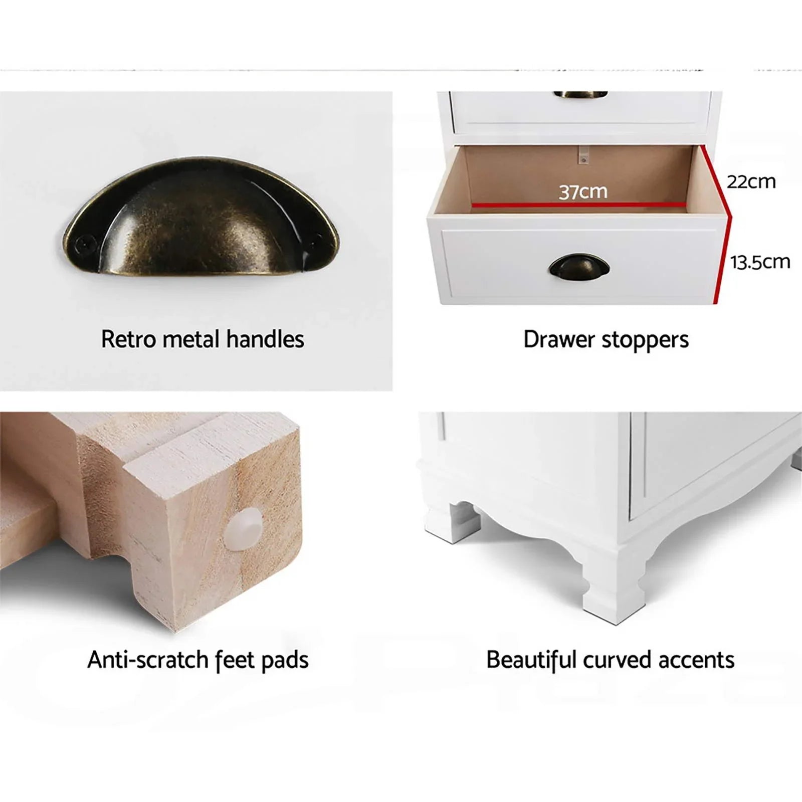 White cabinet features retro metal handles, drawer stoppers, anti-scratch feet pads, curved accents.