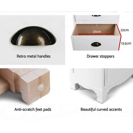 White cabinet features retro metal handles, drawer stoppers, anti-scratch feet pads, curved accents.