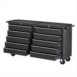 Black heavy-duty rolling tool chest with multiple open drawers and side handle