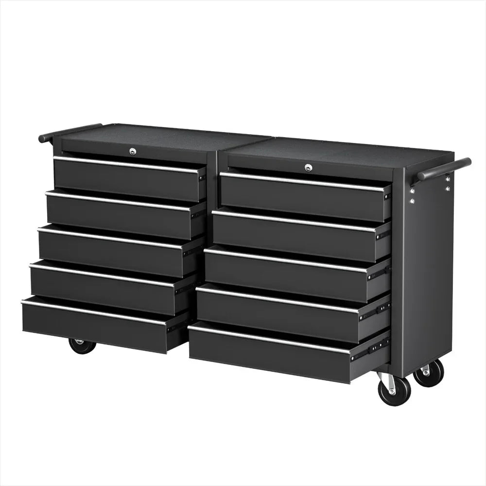 Black heavy-duty rolling tool chest with multiple open drawers and side handle
