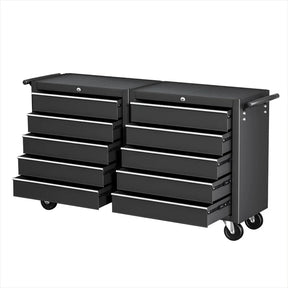 Black heavy-duty rolling tool chest with multiple open drawers and side handle
