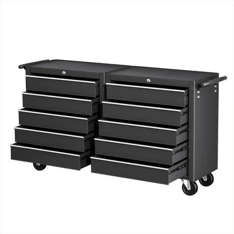 Black heavy-duty rolling tool chest with multiple open drawers and side handle