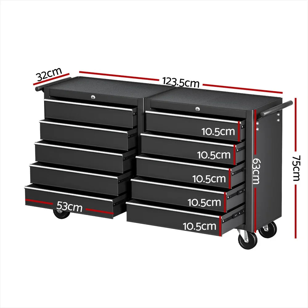 Black metal tool chest with multiple 10.5cm drawers, caster wheels, and dimension labels