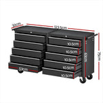Black metal tool chest with multiple 10.5cm drawers, caster wheels, and dimension labels