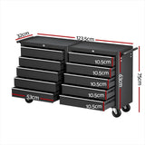 Black metal tool chest with multiple 10.5cm drawers, caster wheels, and dimension labels