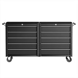 Black metal rolling tool chest with multiple drawers, silver handles, and caster wheels