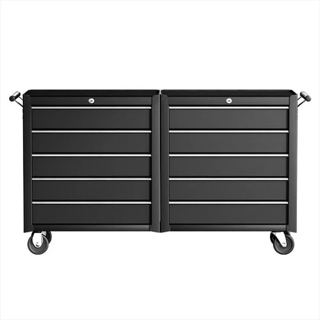 Black metal rolling tool chest with multiple drawers, silver handles, and caster wheels