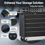 Black 6-drawer tool storage cabinet with wheels, strong handle, anti-scratch mats, non-slip liners, 100kg load capacity