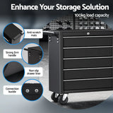 Black 6-drawer tool storage cabinet with wheels, strong handle, anti-scratch mats, non-slip liners, 100kg load capacity