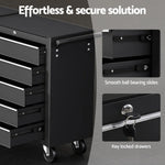 Black rolling tool cabinet with four drawers, smooth ball bearing slides, and key-locked drawers