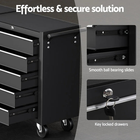 Black rolling tool cabinet with four drawers, smooth ball bearing slides, and key-locked drawers