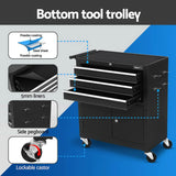 Black bottom tool trolley with powder-coated steel, 5mm drawer liners, side pegboard, and lockable castors