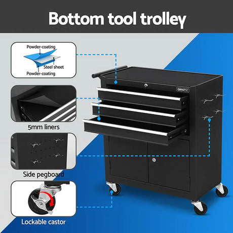 Black bottom tool trolley with powder-coated steel, 5mm drawer liners, side pegboard, and lockable castors