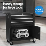 Black Giantz tool storage cabinet with drawers and open lower cabinet, two tool cases inside, 100KG capacity