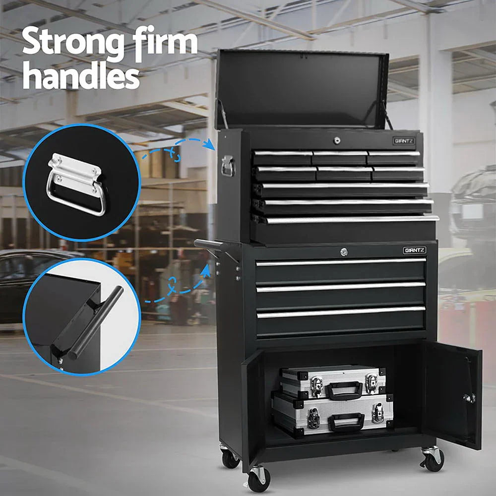 Black multi-drawer rolling tool chest with open top and bottom cabinets in a garage workshop