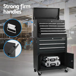 Black multi-drawer rolling tool chest with open top and bottom cabinets in a garage workshop