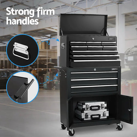 Black multi-drawer rolling tool chest with open top and bottom cabinets in a garage workshop