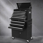 Black metal Gianz multi-drawer rolling tool chest with handles and open top lid on a gray concrete floor