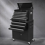 Black metal Gianz multi-drawer rolling tool chest with handles and open top lid on a gray concrete floor