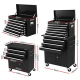 Black multi-drawer tool chest and rolling cabinet with detailed dimensions and metal handles
