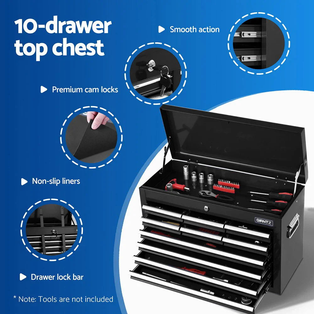 Black 10-drawer top chest toolbox with smooth action, premium cam locks, non-slip liners, and drawer lock bar