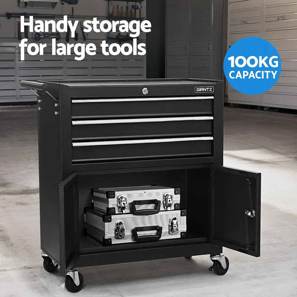 Black Giantz tool storage cabinet with three drawers, bottom compartment with open doors, and wheels