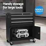 Black Giantz tool storage cabinet with three drawers, bottom compartment with open doors, and wheels