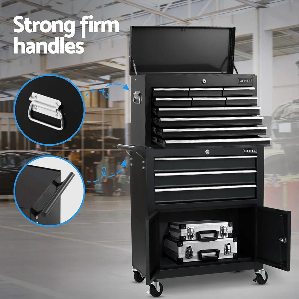 Black Giantz tool chest with multiple drawers and strong firm handles in a workshop setting
