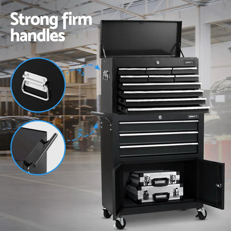 Black Giantz tool chest with multiple drawers and strong firm handles in a workshop setting