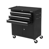 Black metal rolling tool cabinet with three open drawers, side hooks, and lockable doors