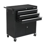 Black GIANTZ rolling tool cabinet with three open drawers, cabinet doors, side handle, and caster wheels