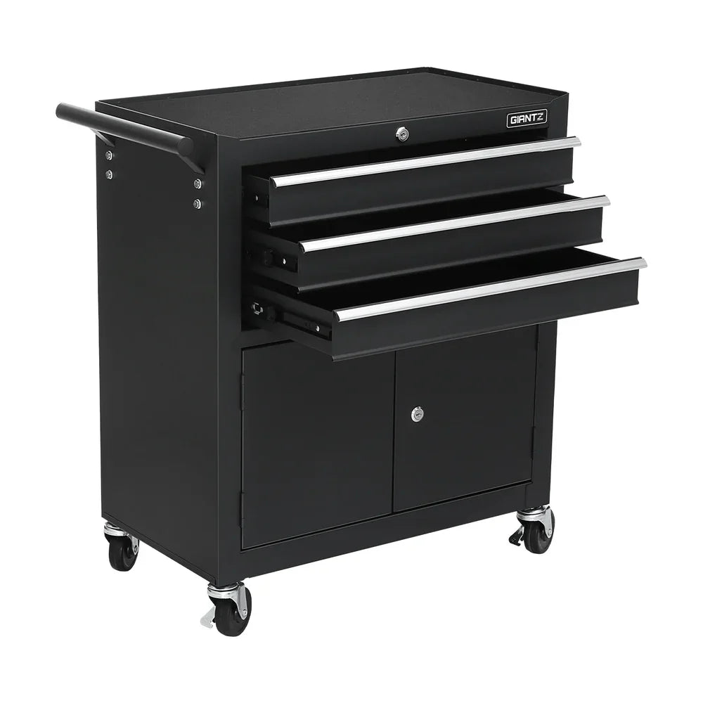 Black GIANTZ rolling tool cabinet with three open drawers, cabinet doors, side handle, and caster wheels