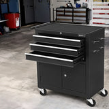 Black GIANTZ rolling tool chest with three open drawers and metal hooks in a garage setting