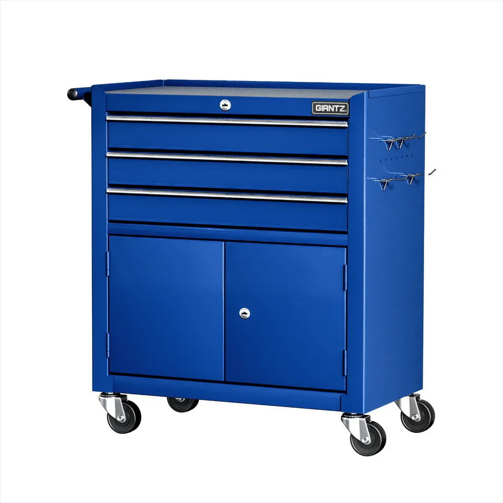 Blue GIANTZ rolling tool cabinet with four drawers, two-door storage, and caster wheels