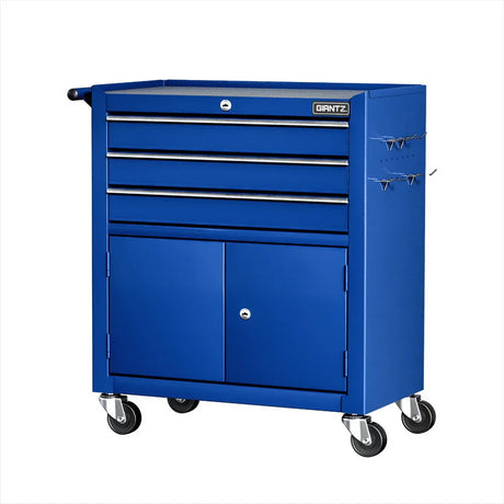 Blue GIANTZ rolling tool cabinet with four drawers, two-door storage, and caster wheels