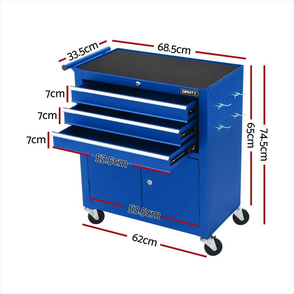 Blue tool cabinet with three drawers, side hooks, cabinet doors, caster wheels, and size measurements