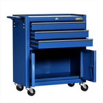 Blue rolling tool cabinet with three open drawers and lower cabinet door open