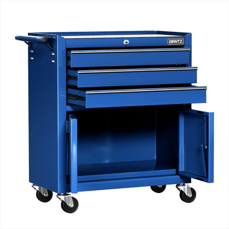 Blue rolling tool cabinet with three open drawers and lower cabinet door open